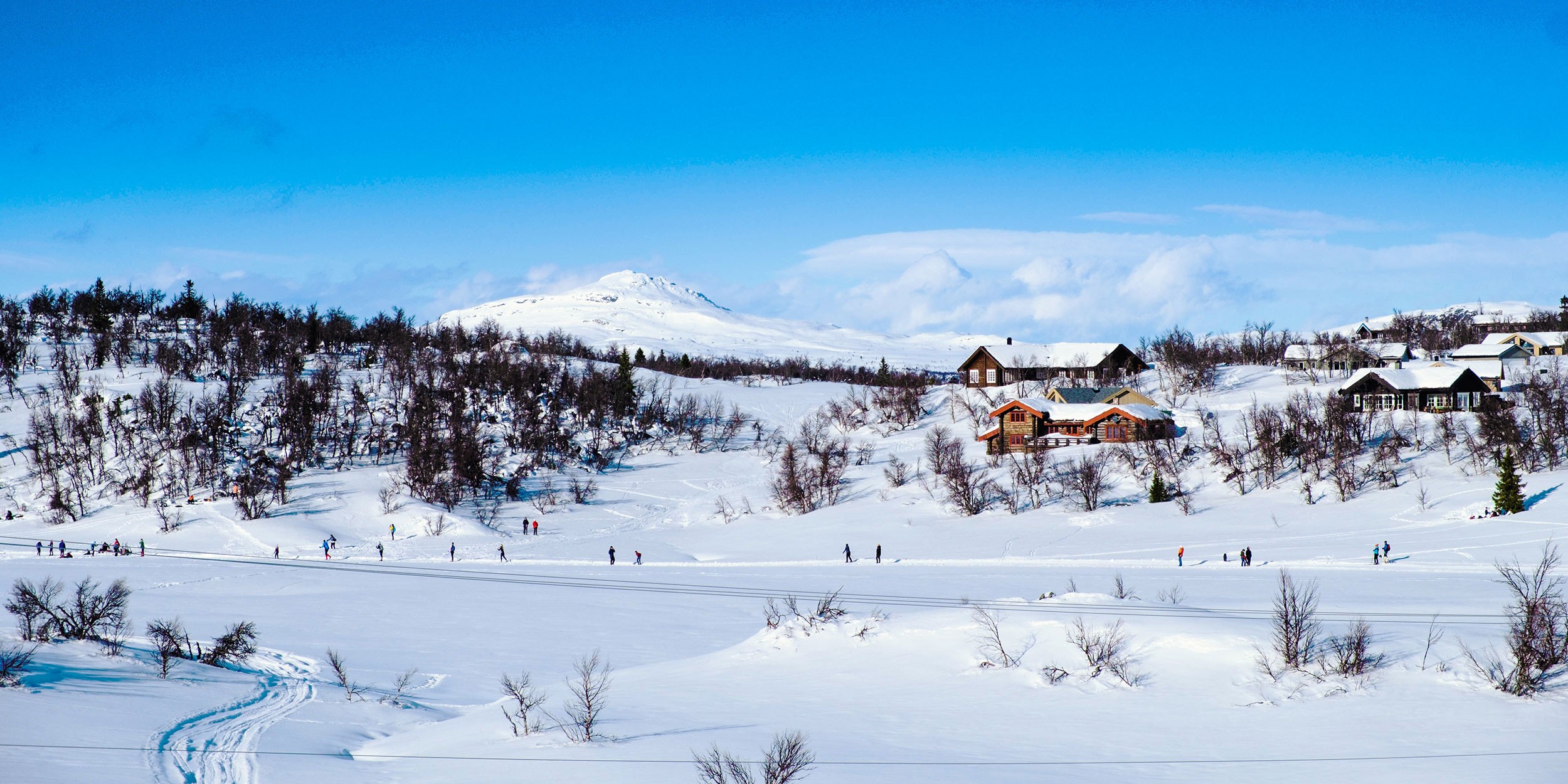Snøsikre vinteraktiviteter på Ølsjølitoppen, med skiløpere i preparerte skispor og fjellhytter i bakgrunnen under en klar, blå himmel.